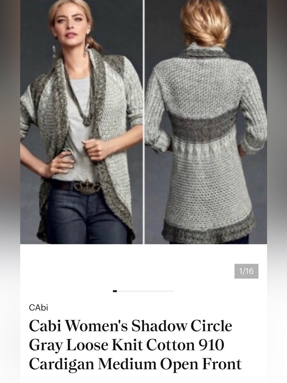 CAbi Shadow Circle Crochet Gray Marled Open-Front Knit Cardigan Sweater High Low